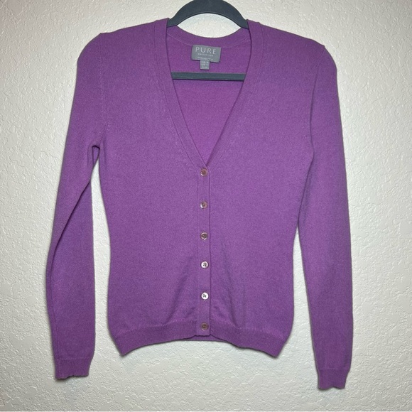 Pure Collection cashmere fitted crop V neck button down cardigan sweater - Picture 1 of 8